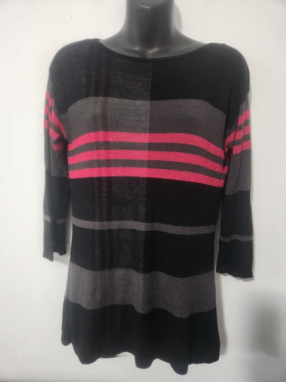 Anne Klein Black & Gray Striped Sweater with Pink Accents